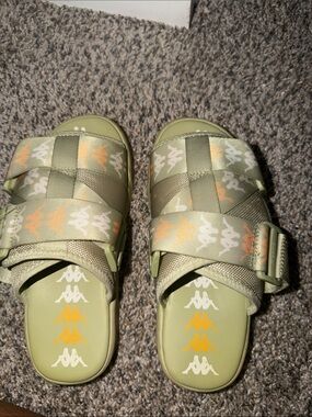 Kappa Kids Olive Green & Orange Logo Strap Slide Sandals